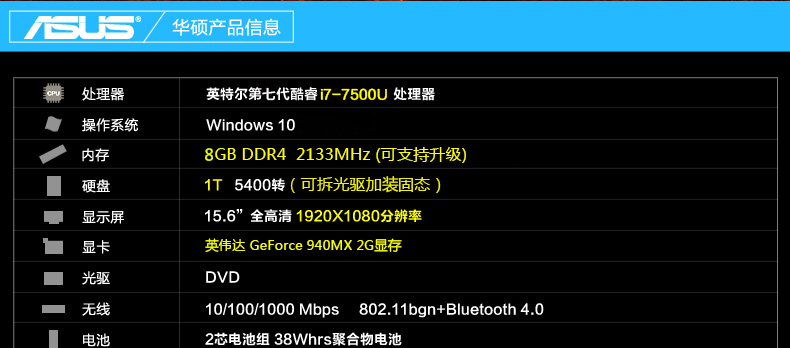 华硕fl5900uq7500(8gb/1tb/2g独显)i7-7500u 8g 1t 940mx-2g