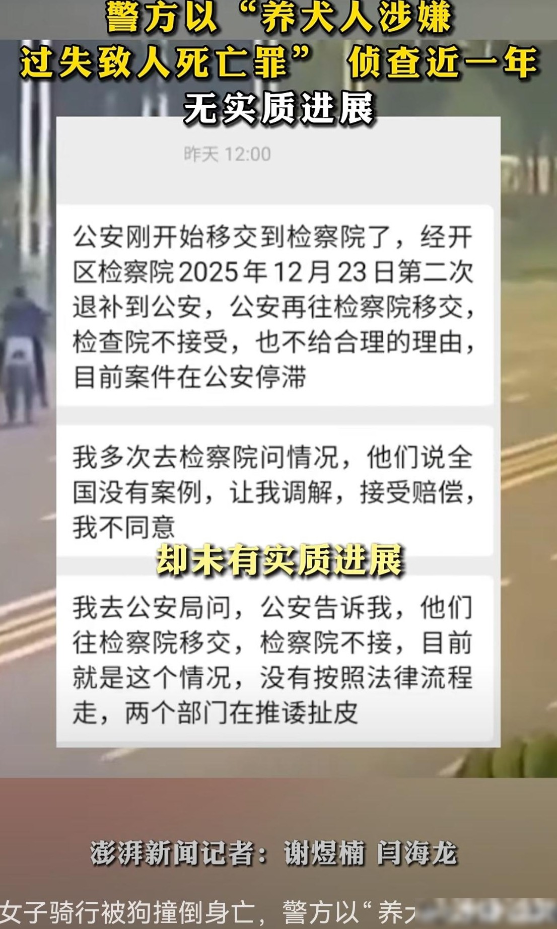 女子骑行被狗撞亡，检方未立案引质疑