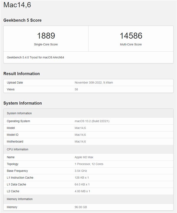 媲美i7-12700K！苹果M2 Max跑分首曝：12核心配96GB内存