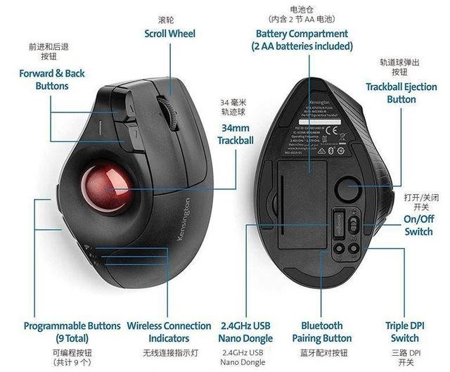 改变传统鼠标劳累感,肯辛通k75370轨迹球鼠标